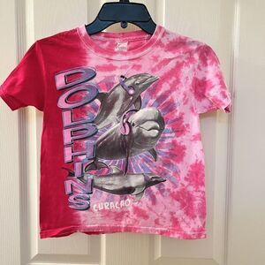 Dolphins Wearing Headphones Pink Tie Dye Graphic Tee Curacao Gildan Youth XS